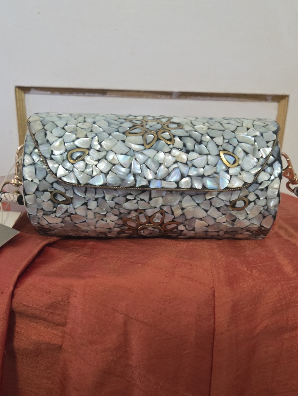 Mosaic Moder Of Pearl Tile Clutch / Crossbody Bag in Silver-Blue With Ornaments